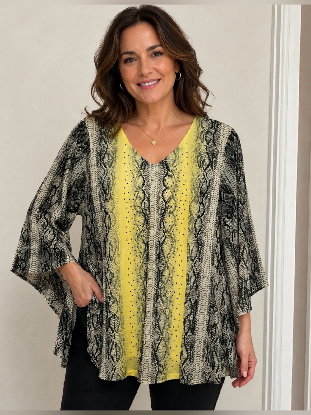 Alfani Women's Long-Sleeved Blouse Size XL Yellow Black Snakeskin Embellished